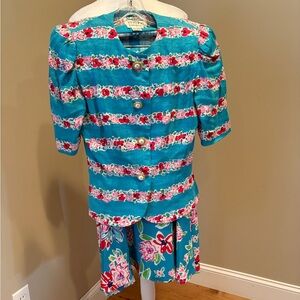 Rickie Freeman for TeriJon Skirt Jacket Set Sz 8 100% Linen Pearl Buttons Floral